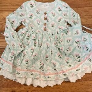 Light Green Floral Button-Front Girls Sweet Honey Dress with Lace Hem